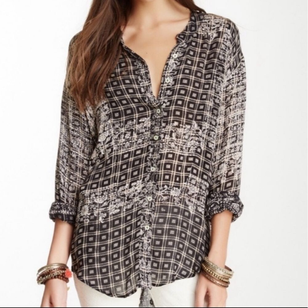 Free People Boho Floral Patchwork Mandarin Collar Button Front Top Small